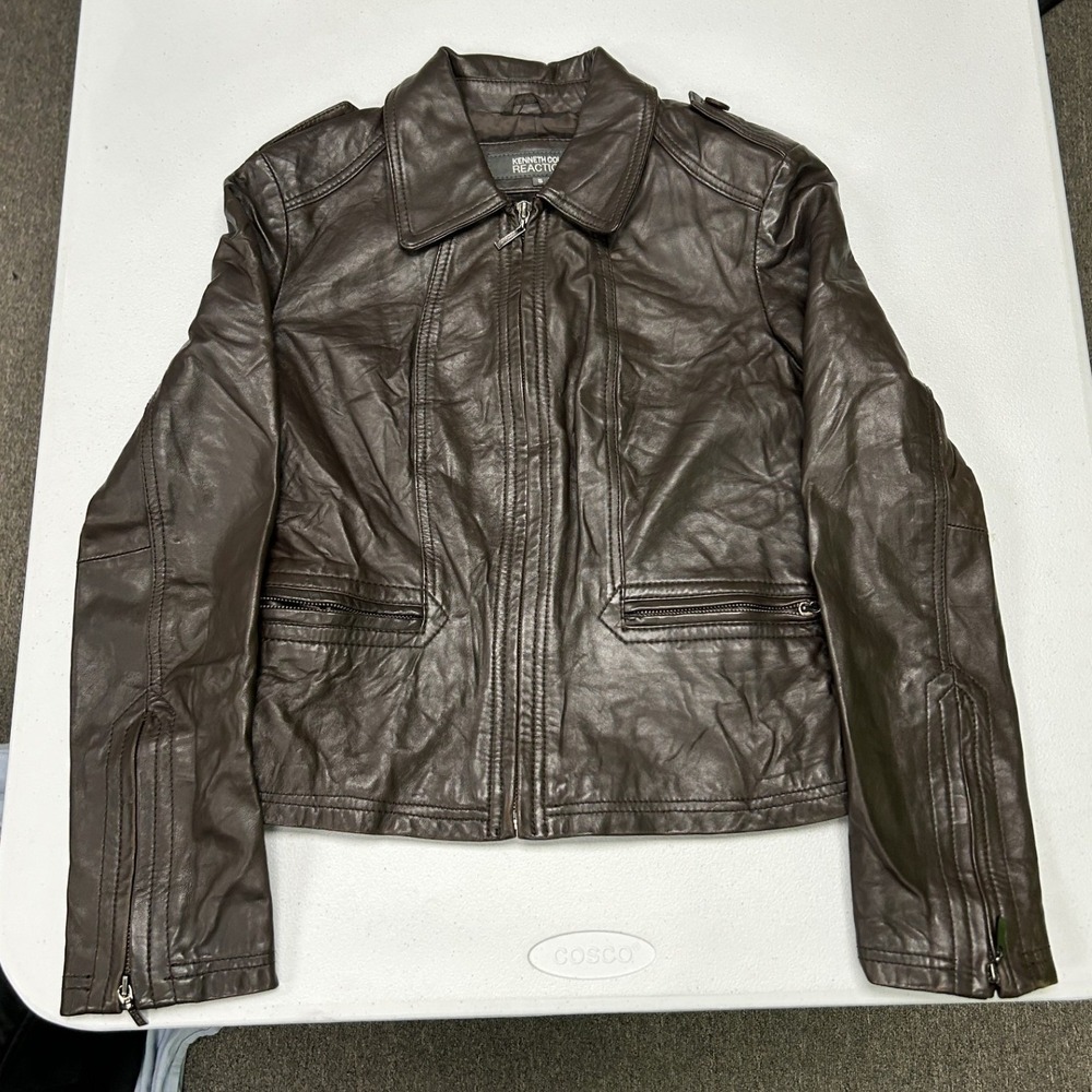 Kenneth Cole Reaction Leather Jacket womans S Brown Full Zip Moto Biker RN 54163